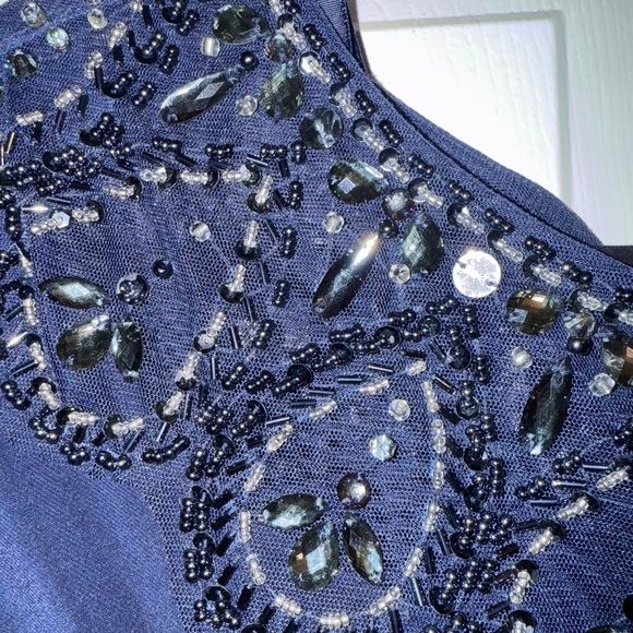 Xscape Navy Long Sleeve Gown with Embellished Neckline - Picture 3 of 6